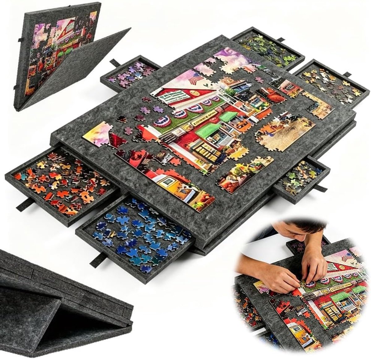 Puzzelplank met 2-in-1 standaard en afdekking, lichtgewicht vilten puzzelplank met 6 laden voor volwassenen, draagbare vilten puzzeltafel voor maximaal 1000 stukjes, puzzelplateau