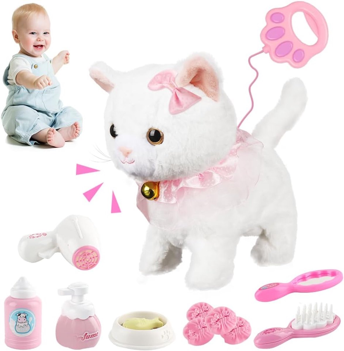 Pluche kat, witte pluche kat, realistische interactieve pluche huisdierkat, elektronisch pluche huisdier met afstandsbediening voor kinderen van 2-5 jaar