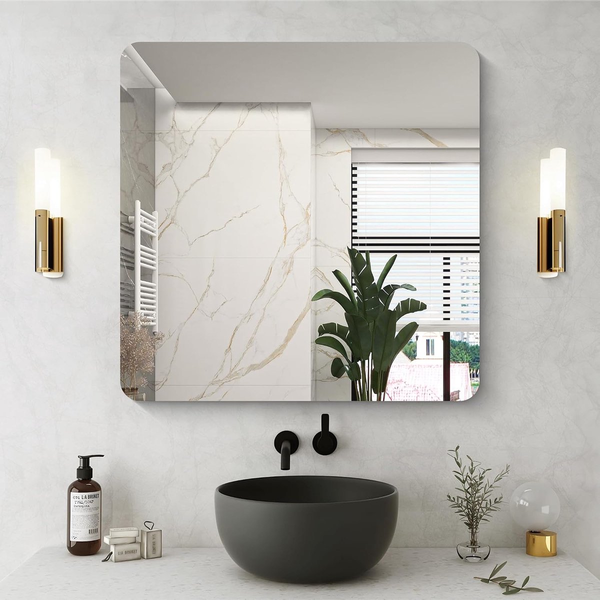 Wandspiegel, 76 x 76 cm, frameloze badkamerspiegel met afgeronde hoeken, rechthoekige spiegel voor badkamer, slaapkamer, woonkamer, horizontaal of verticaal