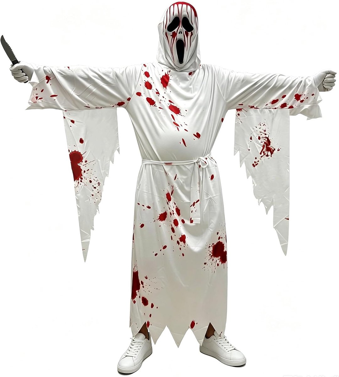 Scream kostuum, schreeuwkostuum, griezelige filmkleding met bloed bevlekt, waaronder een plastic dolk en een masker, handschoenen