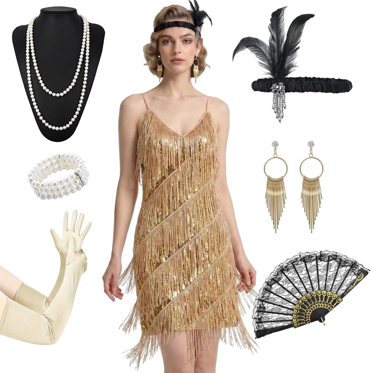Jurken voor dames, jaren 20, Gatsby-jurk met flapperaccessoires, vintage paillettenkostuum, outfit voor Halloween, themafeest