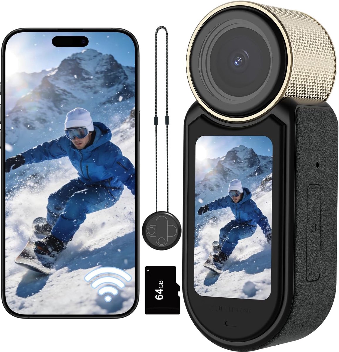2.7K Mini Action Camera - WiFi Bodycam - 64GB - 101° Groothoeklens - 1,47" HD-Scherm - Handsfree POV Camera - Lichtgewicht 48 g - Geschikt voor Vloggen, Fietsen & Reizen - Zwart-Goud