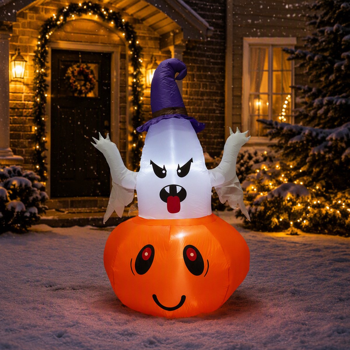 Opblaasbare Halloween-geest op pompoen - 150 cm hoog - met witte LED-verlichting - Halloween-decoratie voor tuin & buiten - incl. grondpennen