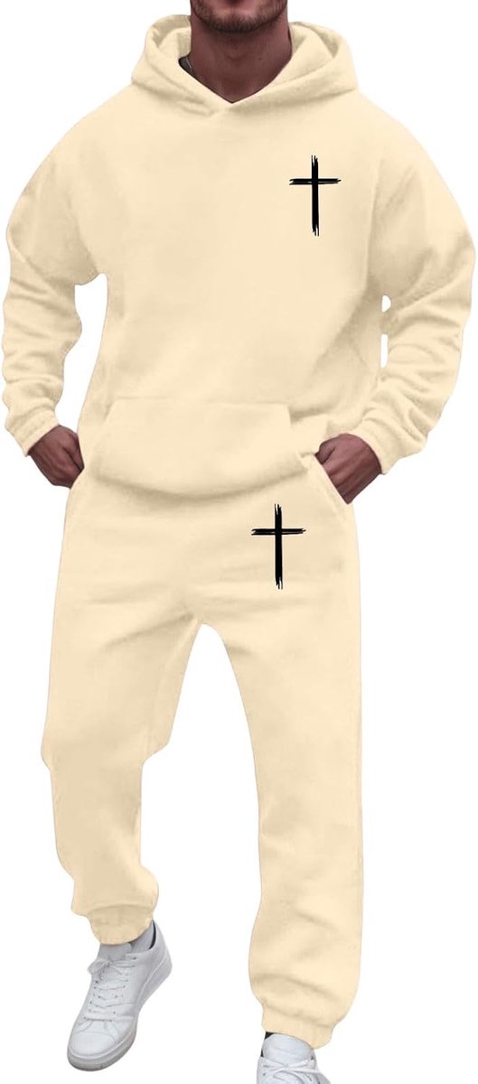2-delige set voor heren, katoen, bovendeel en broek, joggingbroek, sport, modern, ademend, ronde hals, outdoor, tussenseizoen, zacht, losse pasvorm, voor reizen, chic, A24