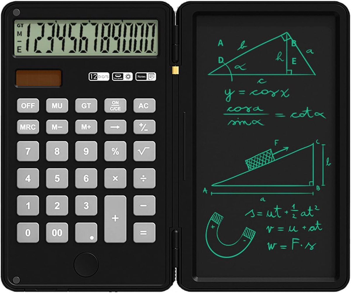 Basis rekenmachine voor kantoor met 6 inch/15,24 cm schrijftablet, opvouwbare draagbare zakelijke WordPad, zonne- en batterijvoeding, notepad geschikt voor school en thuis, zwart