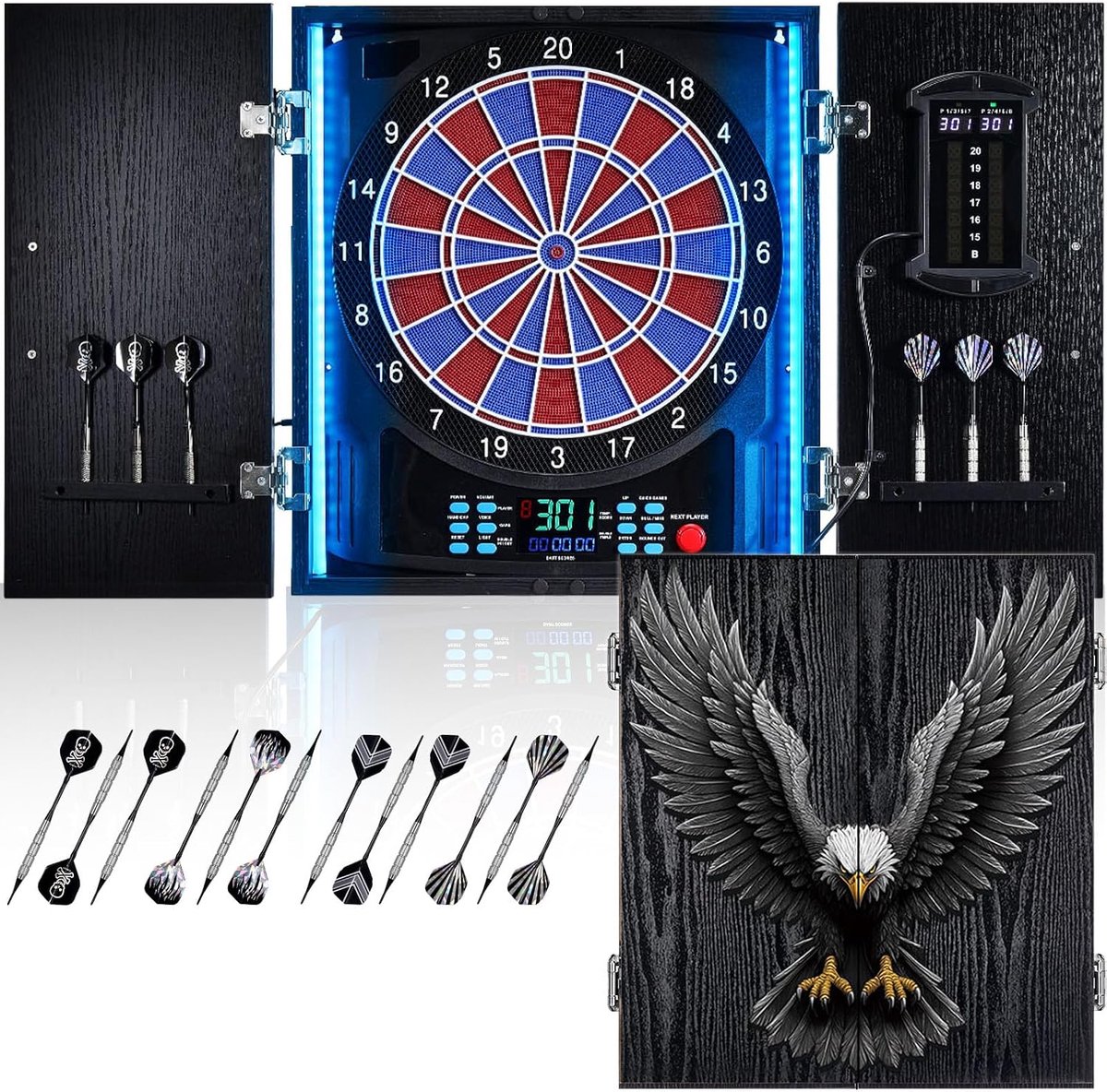 Elektronisch Dartbord, Decoratieve Dartbordkast Set voor Volwassenen [6×Bronzen Soft Tip Darts] [Cricket-spelmodus] - Houten Elektrische Dartbordkast voor Familiespelkamers - Adelaar