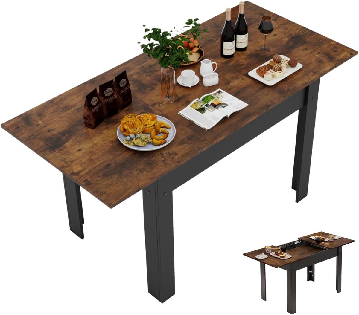 Eettafel, uittrekbaar, rechthoekig, keukentafel van hout voor 4-6 personen, eettafel met verlengstuk, robuust metalen frame, voor woonkamer, kantoor, bruin, 105 - 150 cm