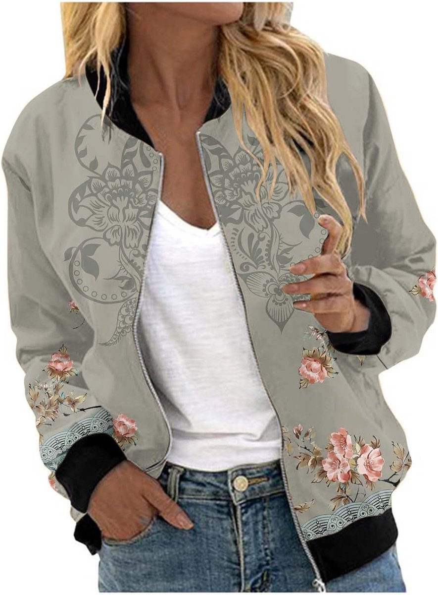 Vrijetijdsjas voor dames, met print, ritssluiting, lange mouwen voor koele dagen, veelzijdig combineerbare outdoor-metgezel stijlvol voor