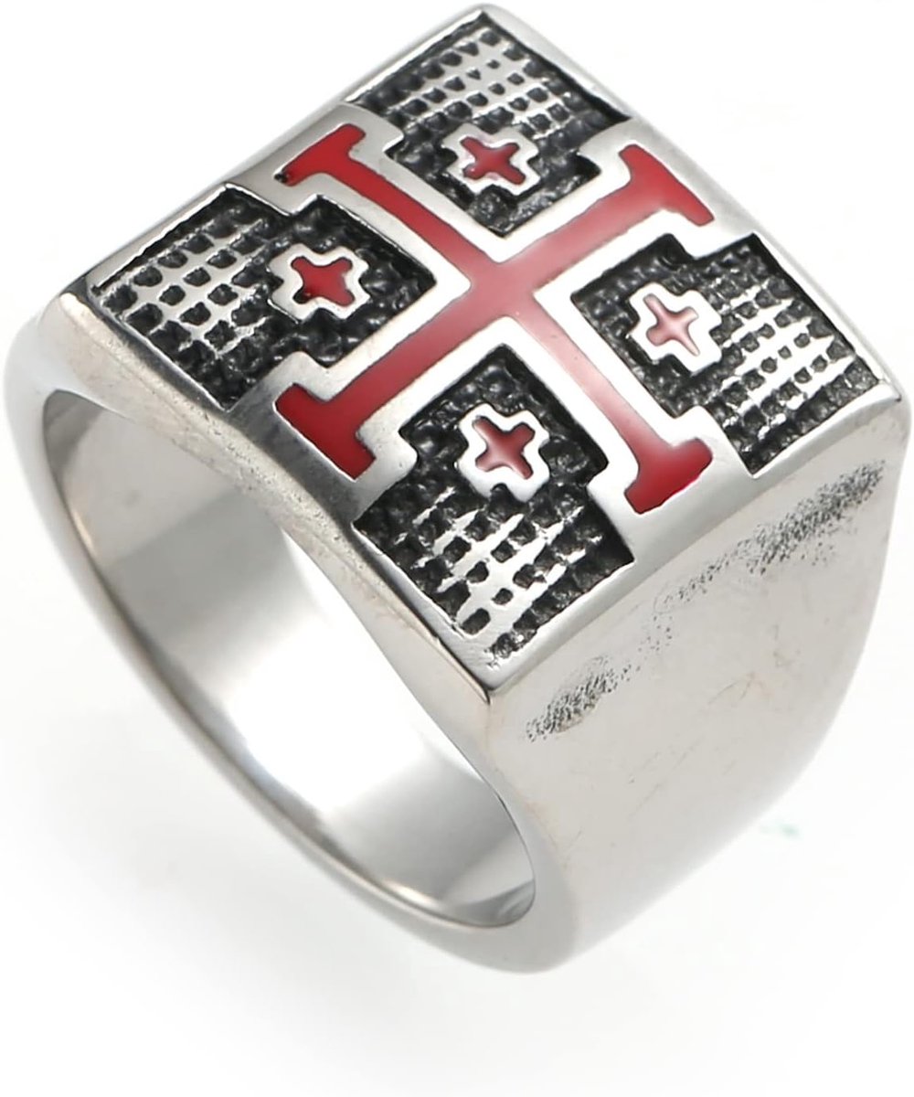 Retro Vierkant Rode Kruis Religieuze Titanium Staal dominante Ring voor heren 7-13#