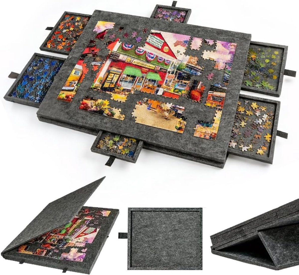 Puzzeltafel voor 1000 stukjes, licht vilt puzzelplank met 6 sorteerladen, draagbaar puzzelbord met verstelbare standaard en afdekking (sesamzwart)