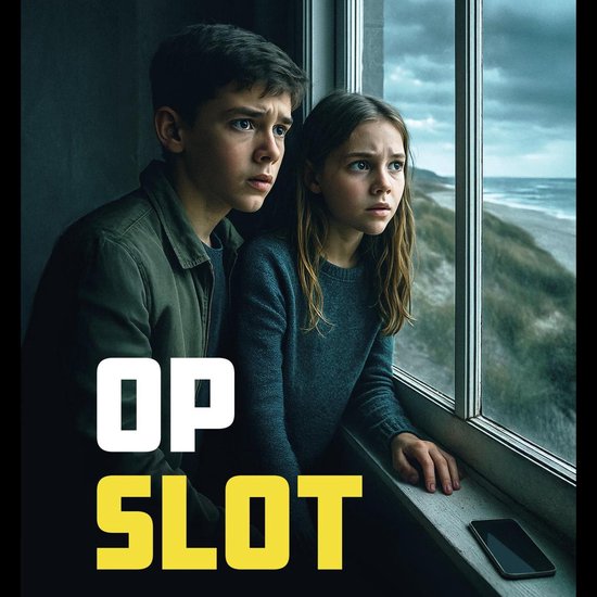 Jongen en meisje kijken bezorgd uit een raam op zee, met de tekst 'OP SLOT' in wit en geel.