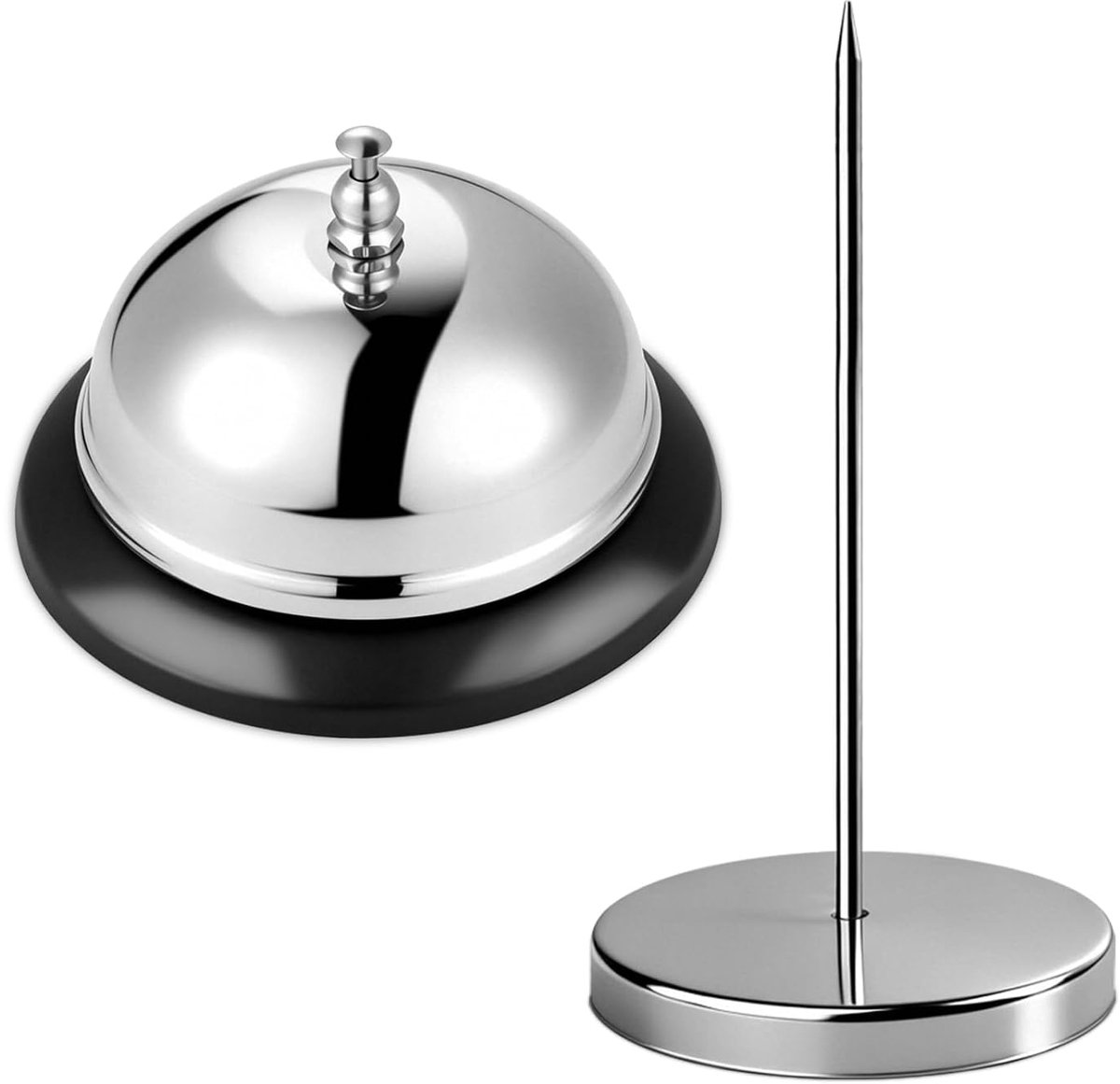 Set van 1 tafelbel en puntenspies, metalen tafelbel, receptiebel, roestvrij stalen notitiehouder, kwitantiehouder met ronde voet, 14 cm, voor hotels, restaurants, keukens, bars, kantoor