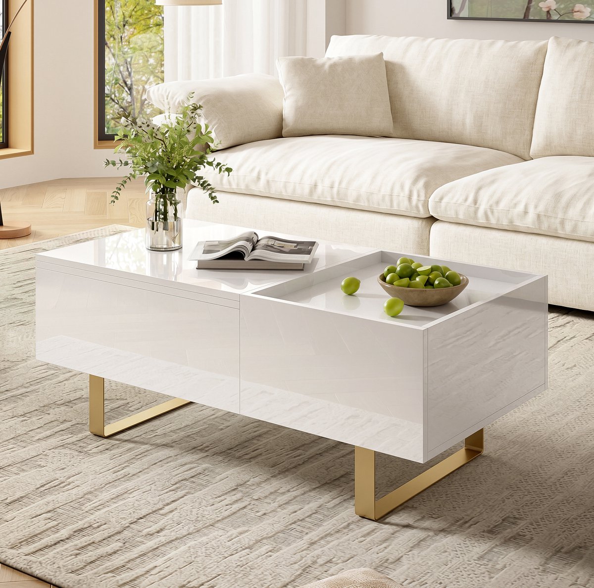 REDOM Salontafel - Hydraulisch hoogteverstelbaar tafelblad - Verborgen opbergruimte en uitschuifbare lade - Moderne stijl - MDF - Wit - 100 x 50 x 54,5 cm