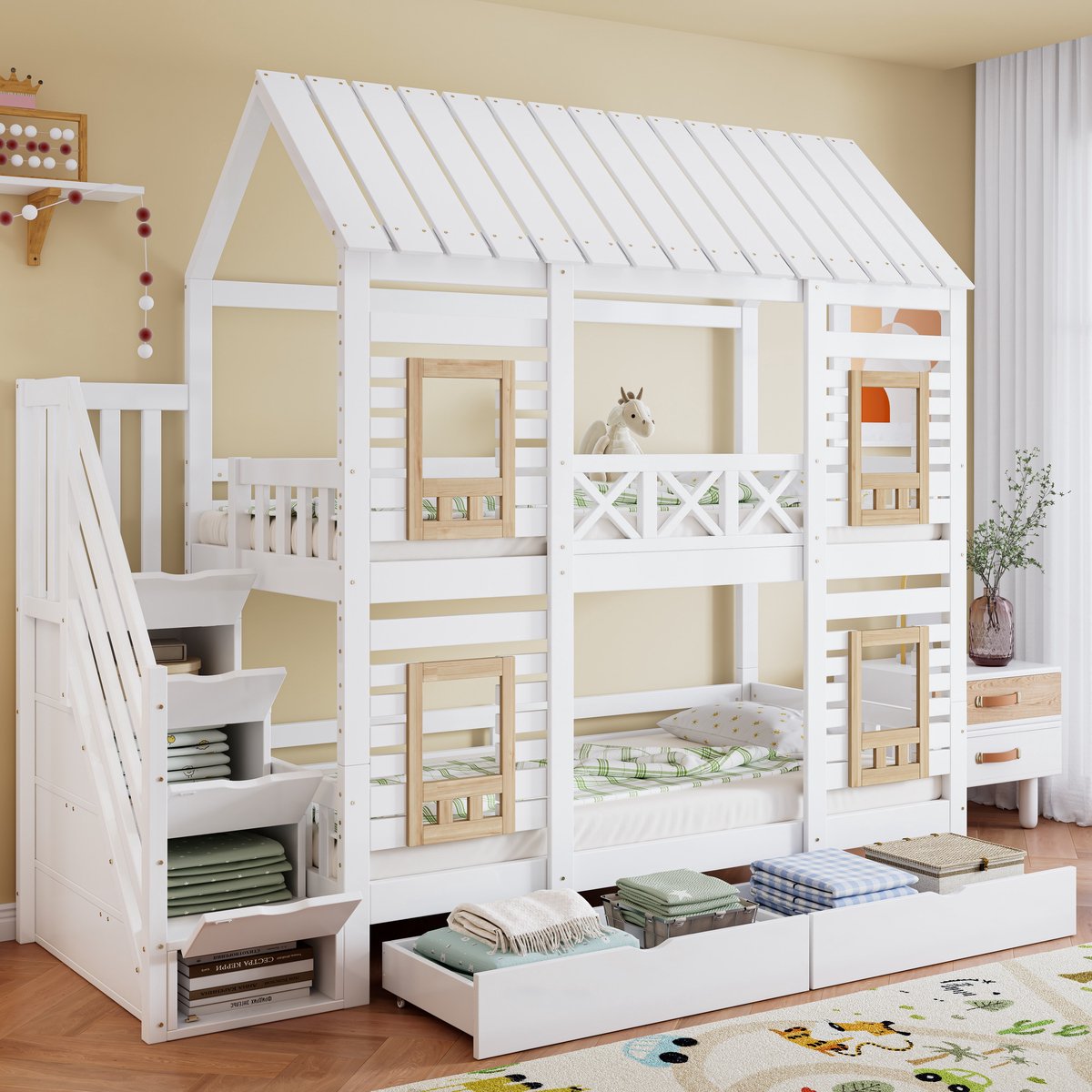 Sweiko Stapelbed - 90 x 200 cm - Houten bed - Met 2 lades - Opbergruimte - Kinderbed - Wit + Natuurlijk