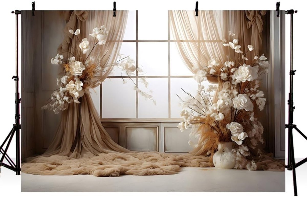 7x5ft Bruine Fotobehang Achtergrond met Boho Bloemen voor Verjaardagsfeest, Portret Decor en Fotostudio Props