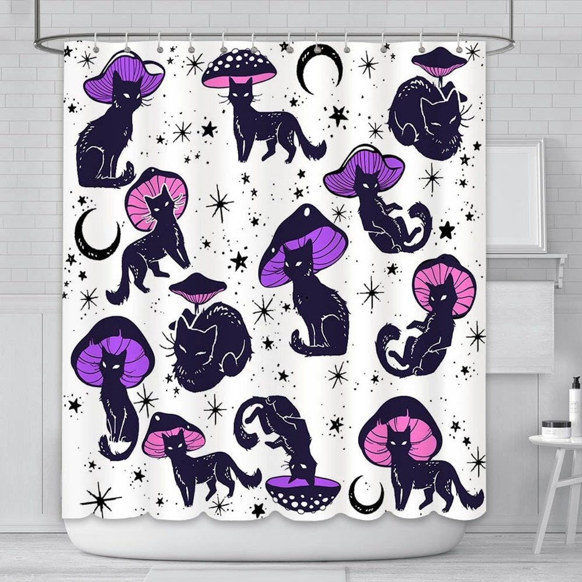 Schattige en grappige douchegordijn met katten en paddenstoelen in zwart en paars - 180 x 180 cm, duurzaam polyester, inclusief 12 haken, retro 70s en 80s badkamerdecoratie accessoires