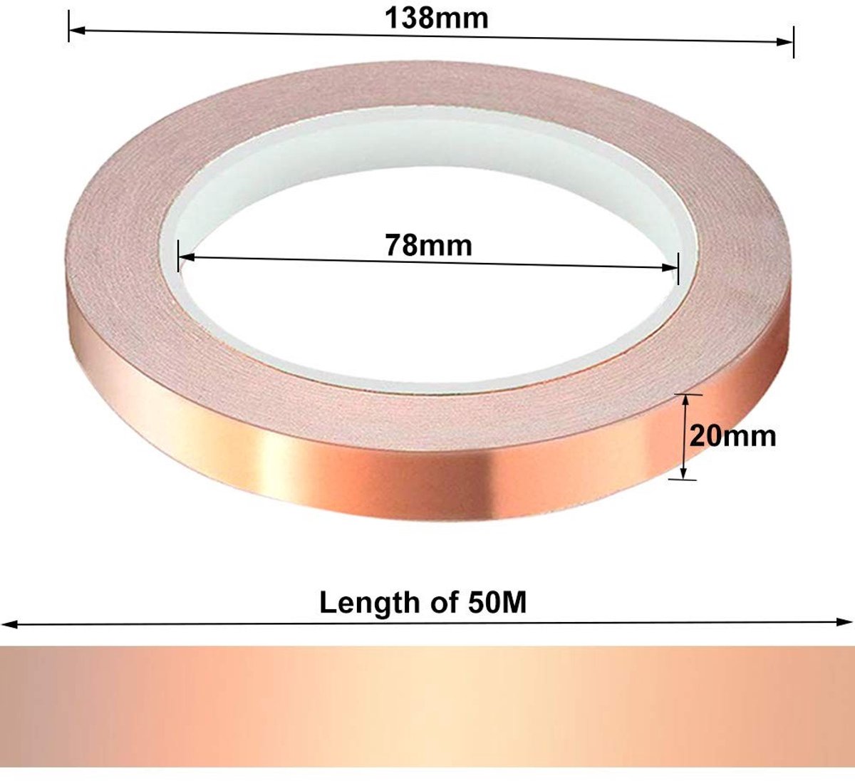 Premium koperen folietape 50m x 20mm met geleidend plakband voor EMI-afscherming, elektrische reparaties en DIY-projecten