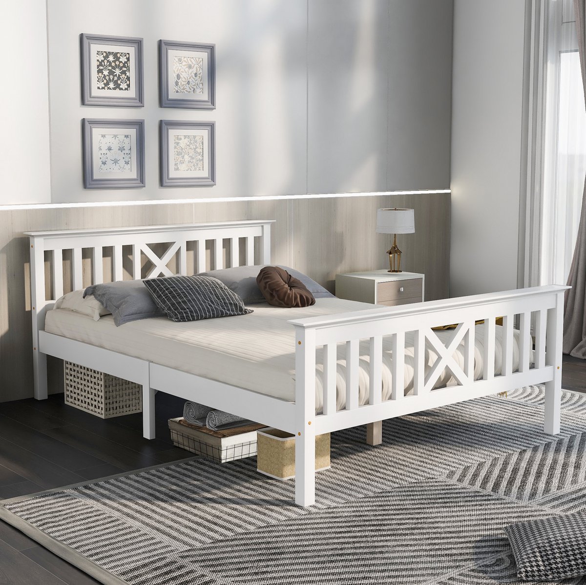 COVREO Bedframe met X-hoofdbord – 140x200 cm – Tweepersoonsbed van hout – met opbergruimte onder bed – Wit - zonder matras