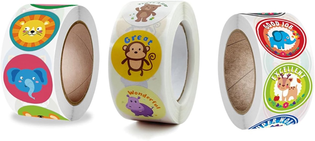 1500 Dieren Stickers Rol, Ronde Cartoon Dieren Stickers, Zelfklevende Beloningsstickers voor Kinderen