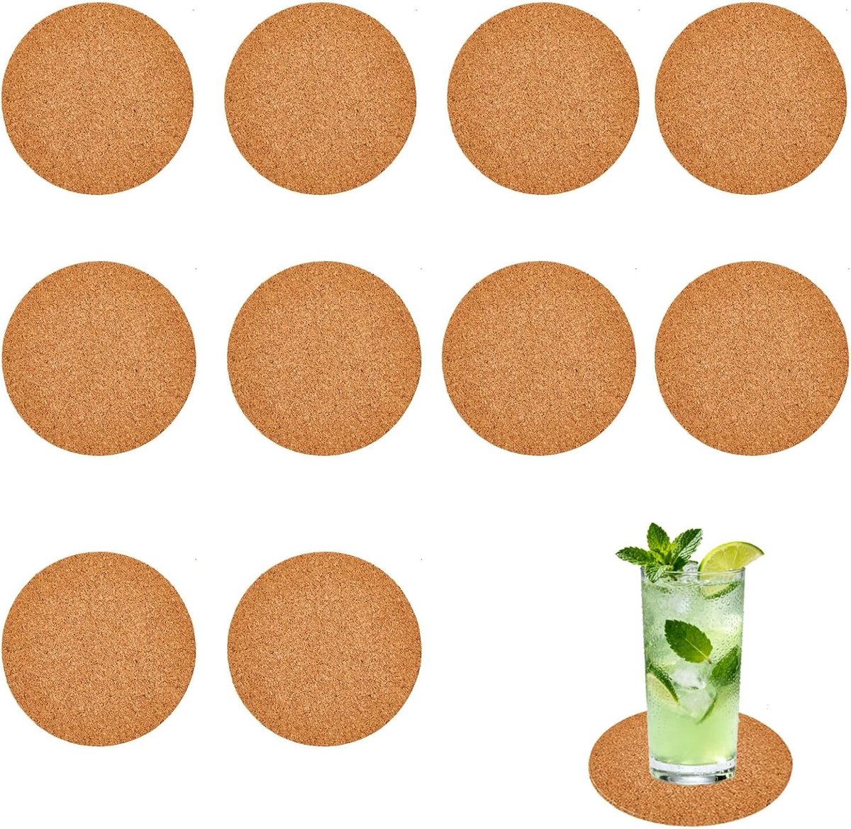 Ronde kurken onderzetters van 10 cm - 3 mm dik, antislip set voor glazen, ideaal voor keuken en eetkamer, duurzaam en stijlvol
