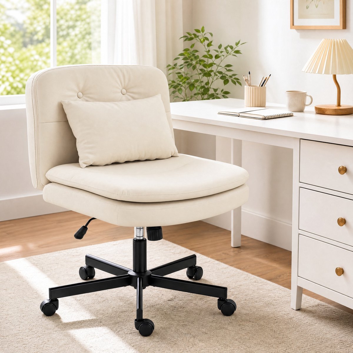 OKWISH Bureaustoelen - Kantoorstoel Met Extra Kussen En 360° Draaibare Zit - Comfortabel Voor Lange Uren - 67×63×93 cm - Leer - Beige