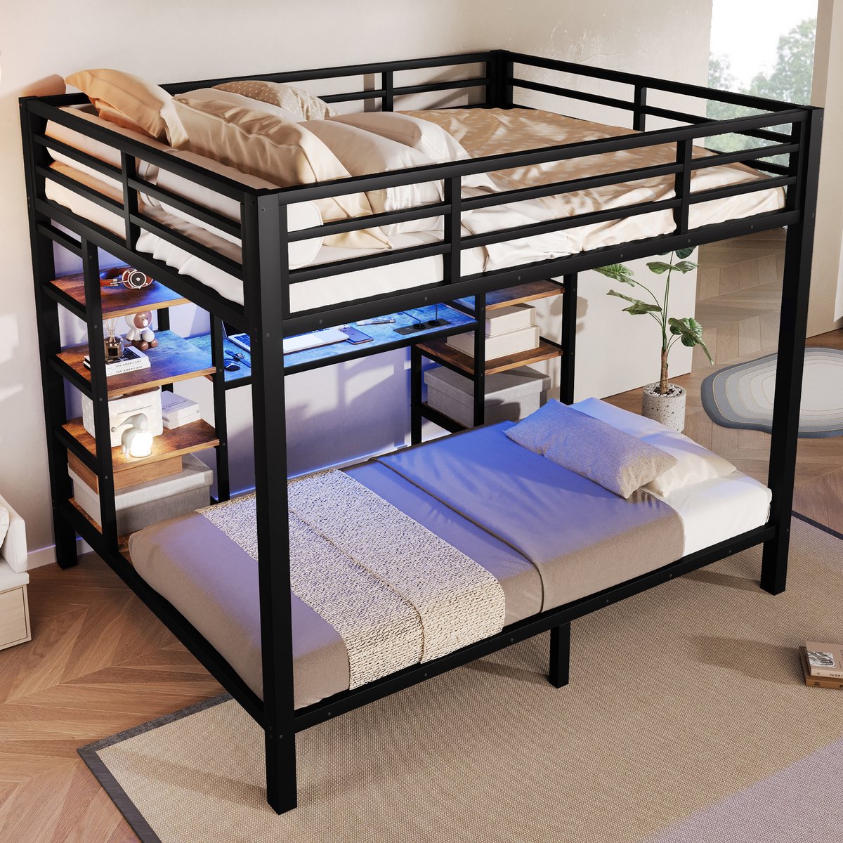 Stapelbed 90 X 200 Cm En 140 X 200 Cm - Met Led Verlichting En Oplaadpunt - Met Opbergruimte - Voor Kinderen - Metaal En MDF - Zwart Zonder Matras