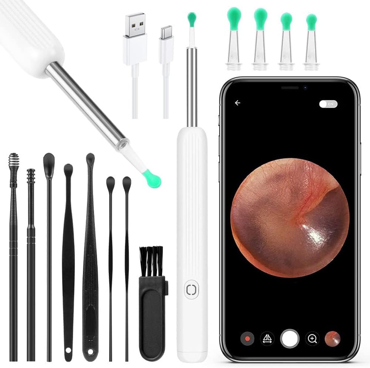 Otoscopen, 1296p HD Draadloze Oorsmeerverwijdering Set met Camera, Visuele Oor Otoscoop Oorreiniger met 6 Led-Verlichting, Slimme Oorsmeerreiniger voor Volwassenen, Kinderen en Huisdieren