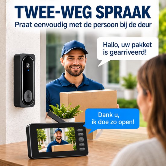 Draadloze Video deurbel met Camera- 4,5 Inch scherm - 135° Groothoek - Nachtzicht - Zonder WIFI/APP — afbeelding 3
