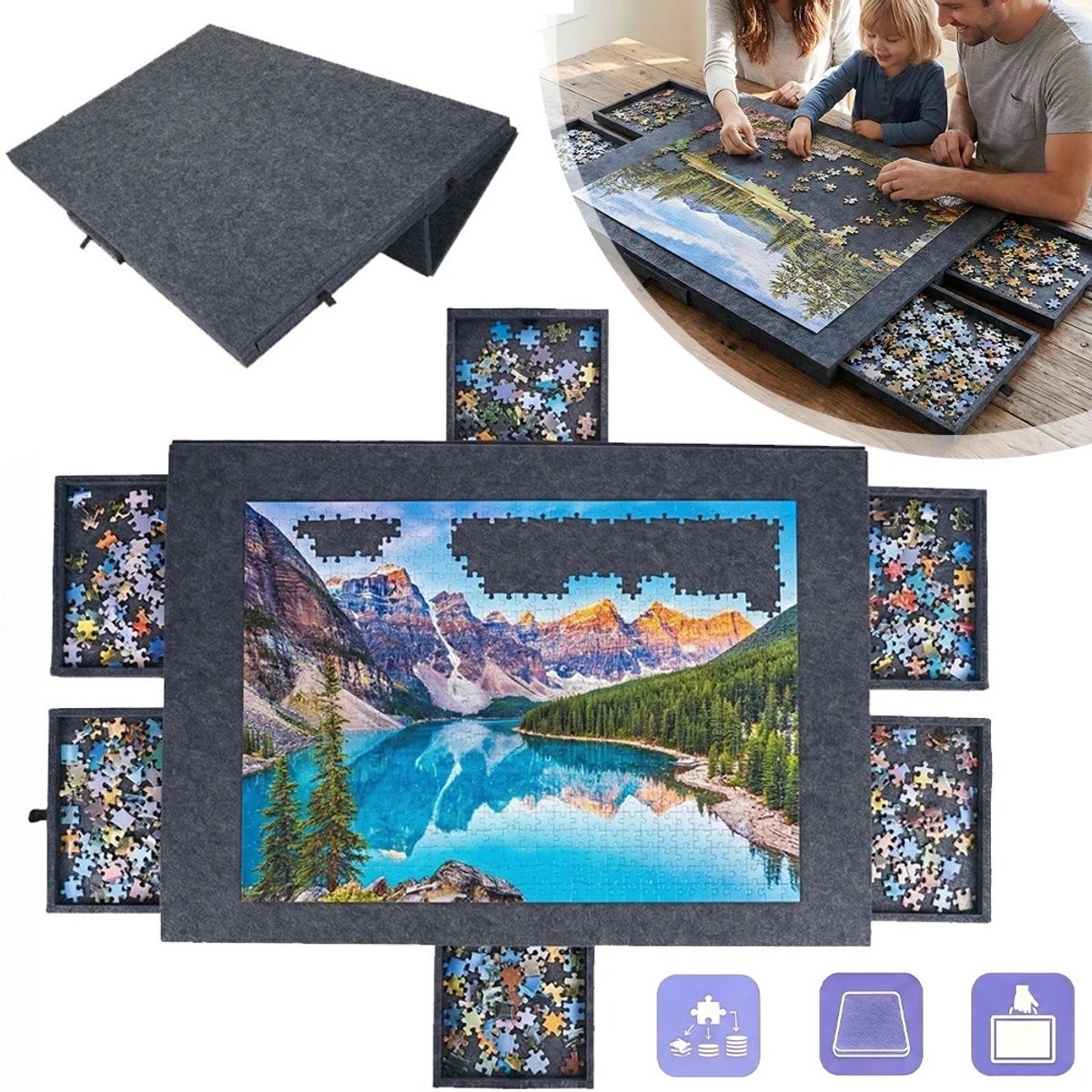 Molhaus Puzzelbord 1000 Stukjes - 6 Laden - Vilt - Opvouwbare Standaard - Grijs - Afdekplaat - 77 x 54 cm - Antislip