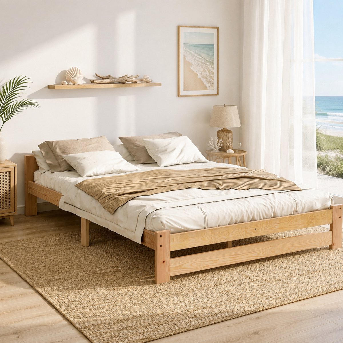 OKWISH Tweepersoonsbed 140x200 cm - Grenen Bed Met Lattenbodem - Duurzaam En Stijlvol - Naturel