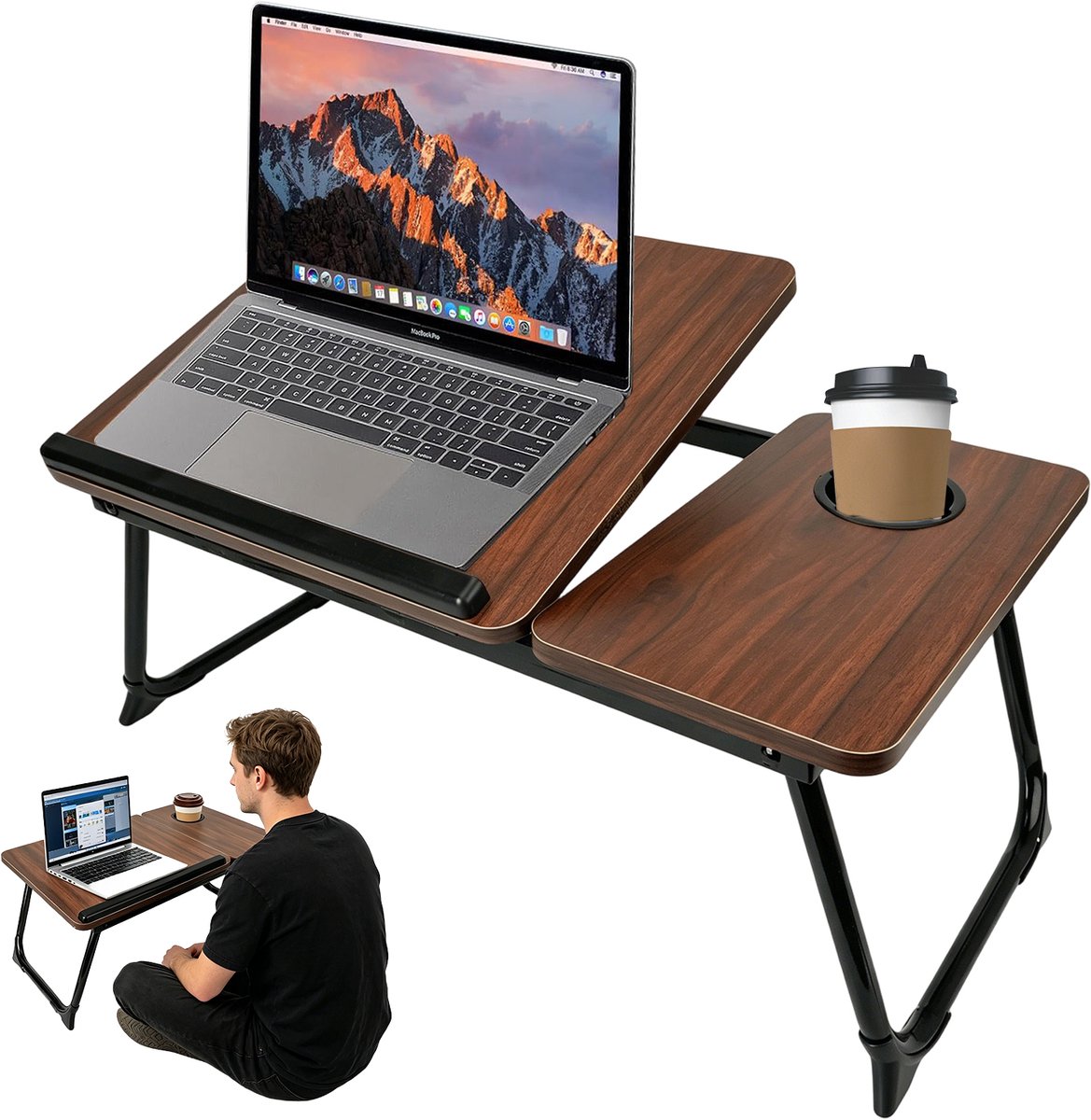Opvouwbaar Laptoptafel - Verstelbaar Bedbureau - Banktafel - 56x32,5x23,5 cm - Dubbel Tafelblad & Bekerhouder - 5 Standen - Antislip - 45 kg - Multifunctionele Bureau - Voor Thuiswerken & Studeren & Ontspanning