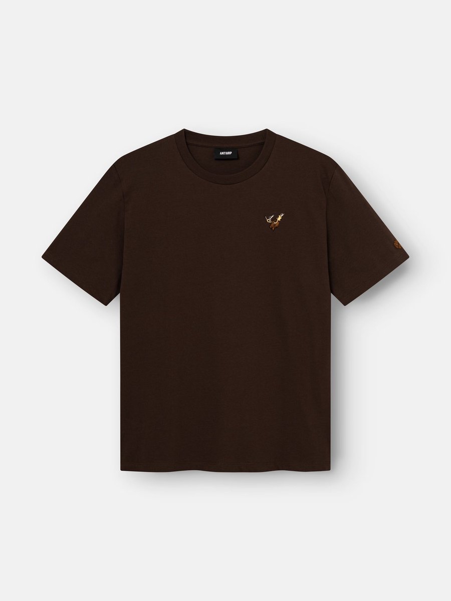 Antwrp T-shirt bruin met geborduurde elandkop en mouwembleem voor heren - XL (42)