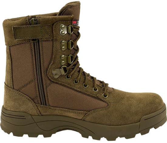 Botte tactique Brandit vert olive avec fermeture éclair et lacets. En daim et textile.