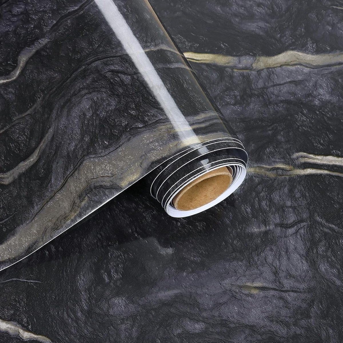 Marmeren Effect Behang Zelfklevend 30cmx300cm Zwart en Goud voor Keukenblad en Meubels - Glanzend Vinyl met Marmerpatroon