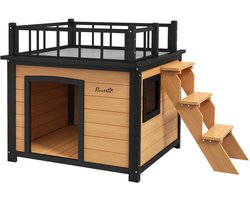 PawHut Hundehütte Hundehaus mit Balkon, Erhöhtes Kleintierhaus mit Treppe, Fenster, Hundehöhle für Kleine, Mittele Hunde, Tannenholz, Gelb, 121 x 77 x 78 cm