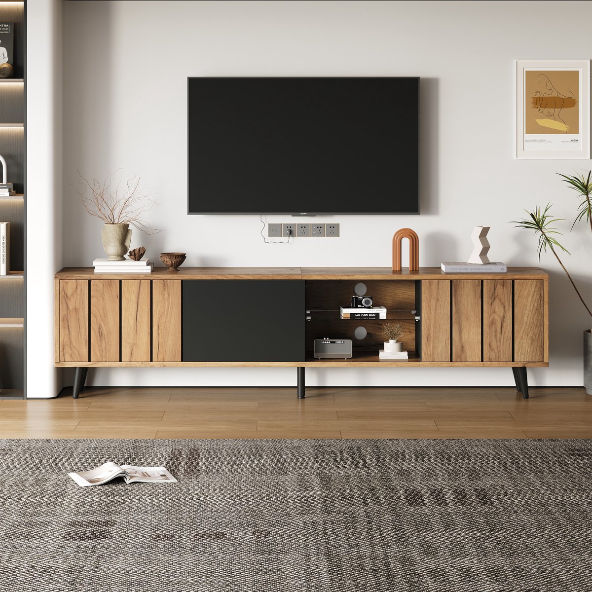 COVREO TV meubel met 3 deuren – Lowboard van spaanplaat en gehard glas – 175x31,5x45 cm – voor 75 inch tv – Naturel zwart Natural