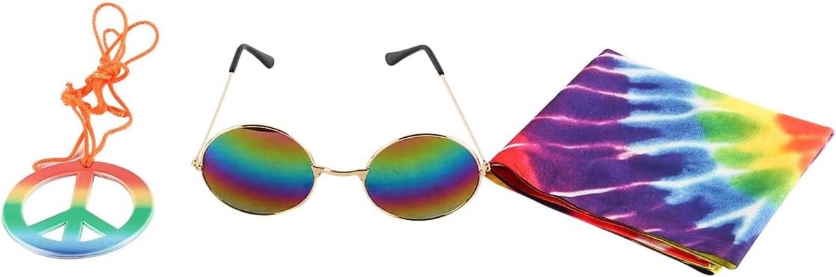 3-delige Hippie-kostuumset met Zonnebloem-hoofdband, Vredesteken-hanger en Retro Boheemse Zonnebril voor Feestelijke Verkleedaccessoires en Festivals