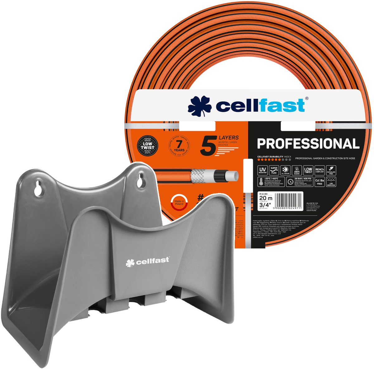 Cellfast-tuinslang, PROFESSIONAL 3/4" 20 m + Cellfast-slanghouder, grijs