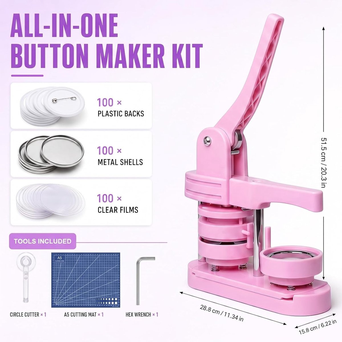Buttonmachine 58 mm - Roze - 58 mm - Kunststof knoopmachine voor doe-het-zelf knutselen en feesten