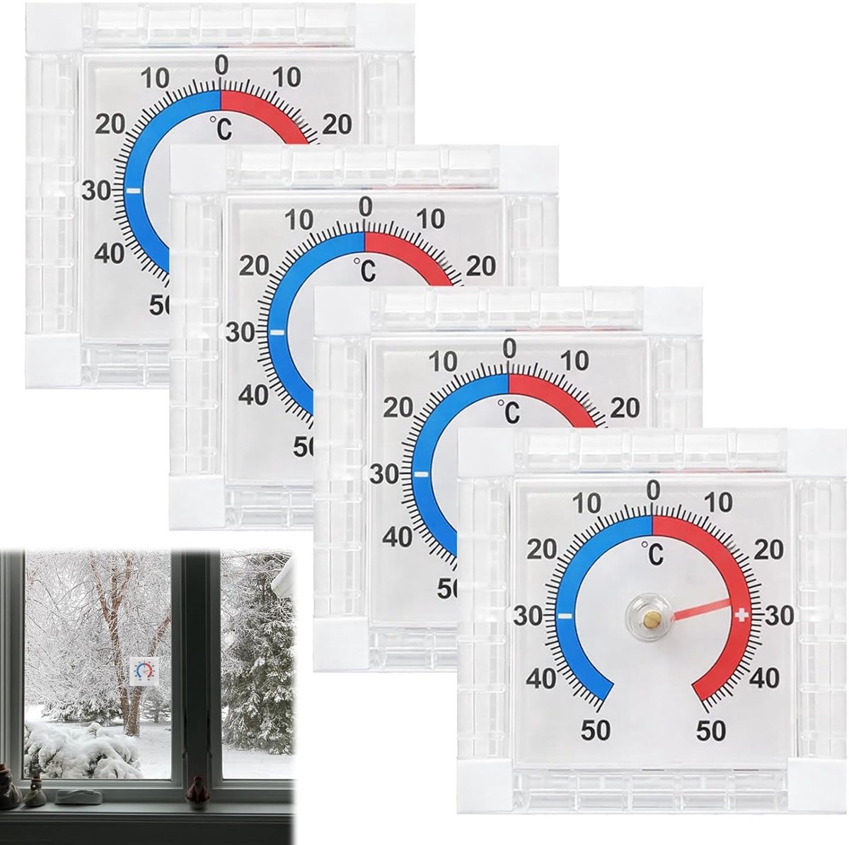 Aanlegthermometer - Wit - Set van 4 - Zelfklevende Raamthermometers van Kunststof - Voor Binnen en Buiten
