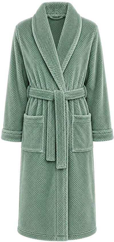 Robe de chambre vert menthe en polaire avec ceinture, col châle et poches plaquées, imprimé texturé.