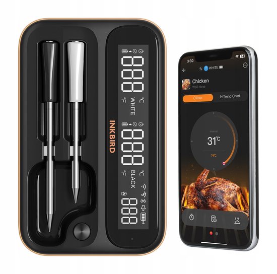 Inkbird BBQ thermometer met twee sondes in hun houder, naast een smartphone met app. Zwarte behuizing met gouden rand.
