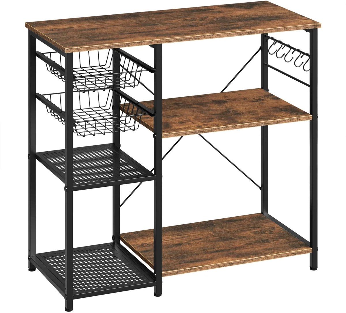 Klarven® Keukenrek - Keukenrekje Staand - Keukenrek Zwart - Uitschuifbare Manden, Beweegbare Haken, Verstelbare Planken - Stabiel Frame, Draagvermogen 50 kg - B90xh82xd40cm