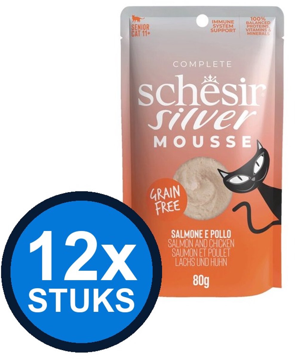 12x Schesir Silver Senior Mousse - Zalm & Kip - Kattenvoer Natvoer - 80g