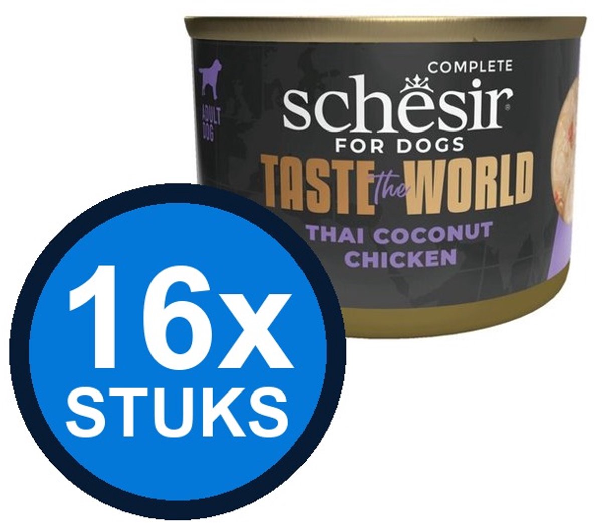 16x Schesir - Taste The World - Hondenvoer - Natvoer in blik - Kip Thai Coconut - 150g