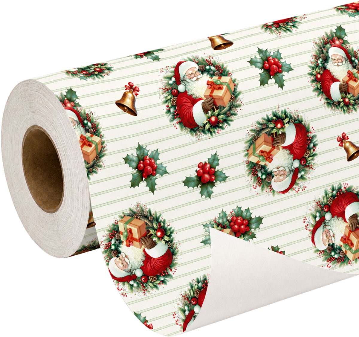 Papierrol – Kerstman met bellen hulst en cadeaus – Cadeaupapier – 50 cm x 100 meter – 80 grams