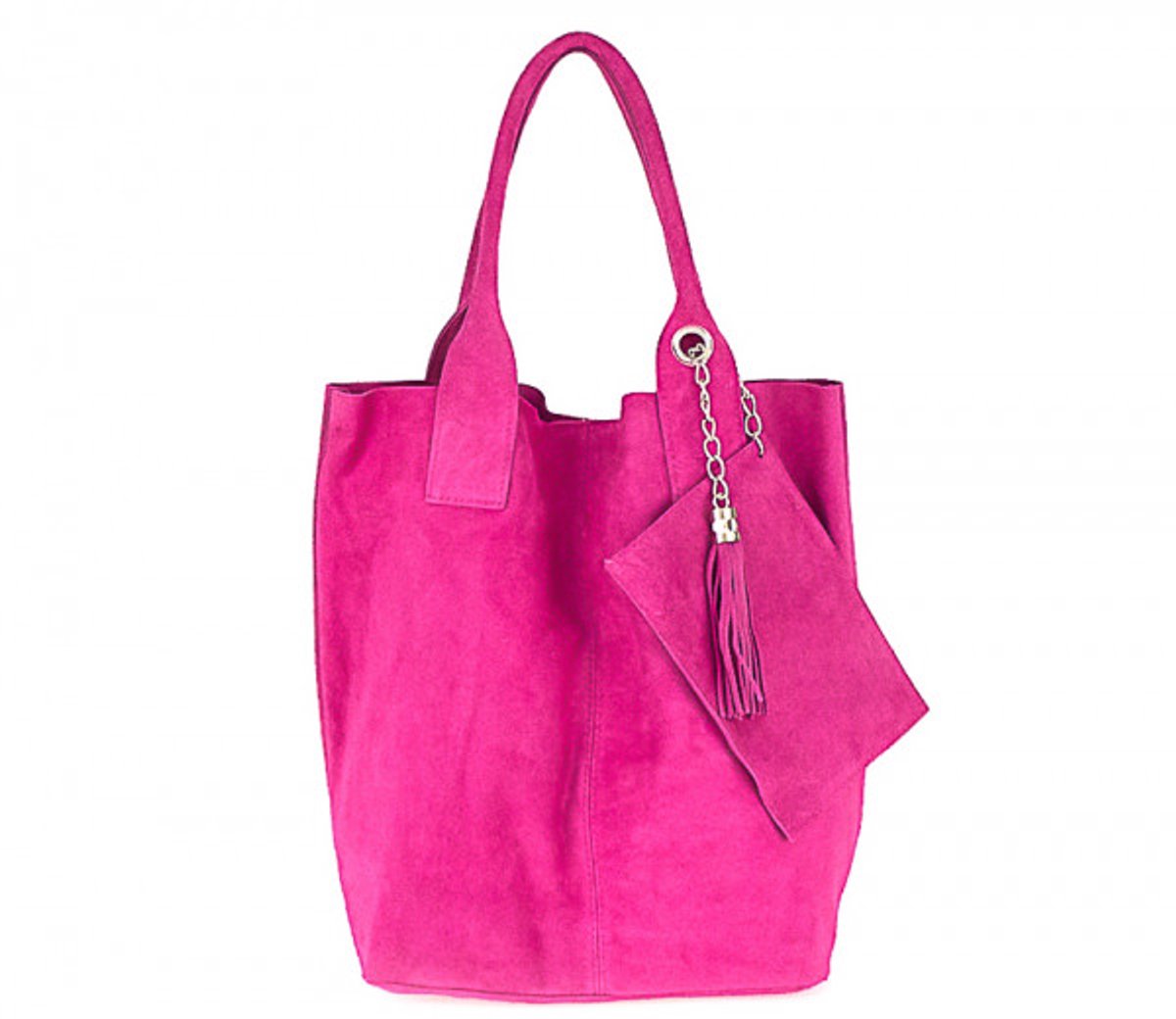 Fuchsia Suède Shopper Kwastje & Etui - Dames Tassen - Suède Shoppers - Ruime Handtassen - Leer - Fuchsia