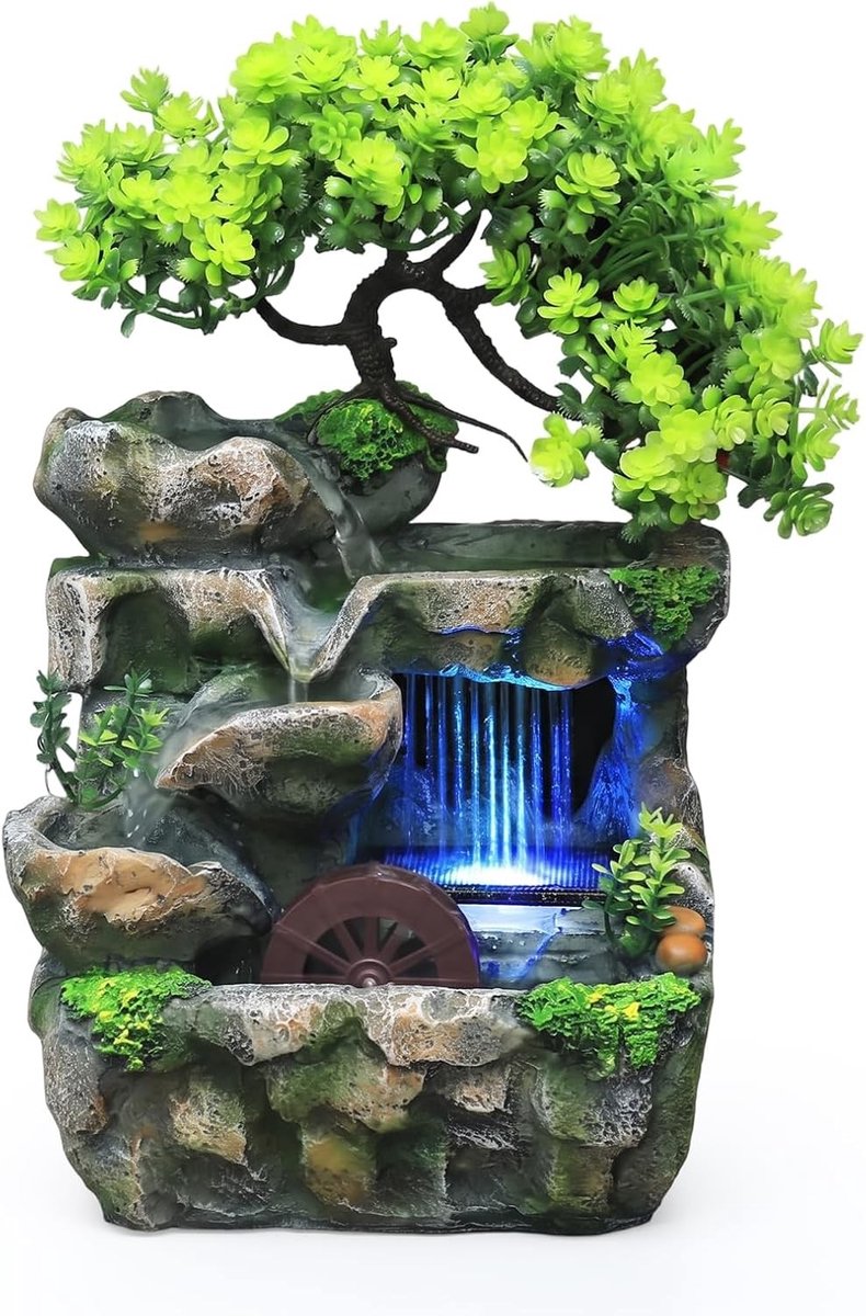 Kleurveranderende LED Tafel Fontein met Waterval en Feng Shui Elementen voor Binnen, Perfect als Decoratie in Woonkamer, Slaapkamer of Kantoor, 18 x 15 cm