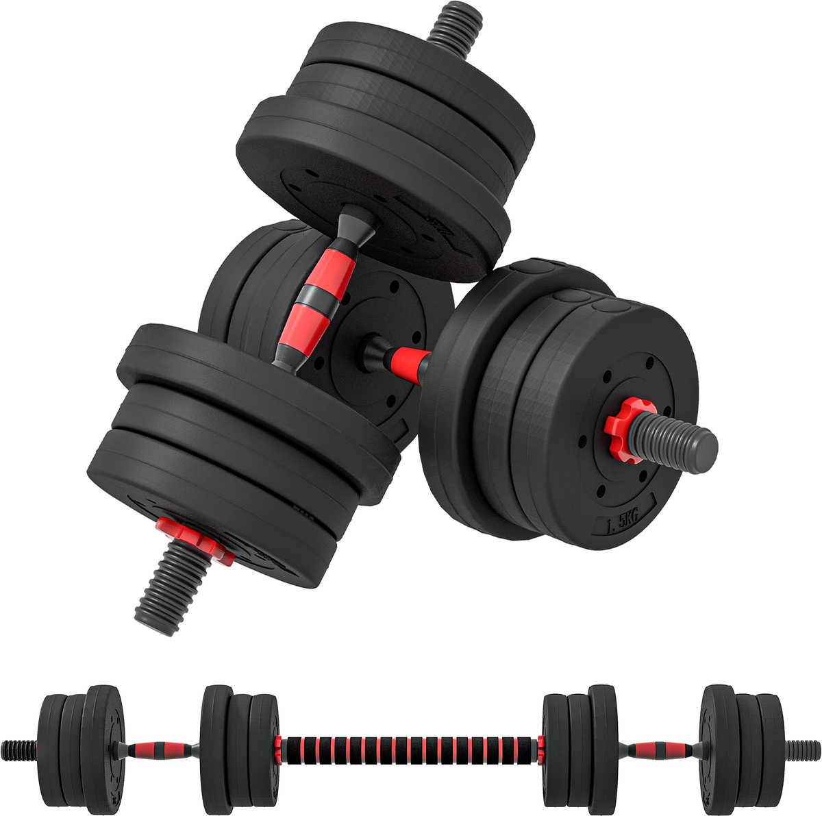 Set van 20 kg korte dumbbells - 2 - in - 1 verstelbaar gewicht - inclusief stangen - voor spiertraining en gewichtheffen