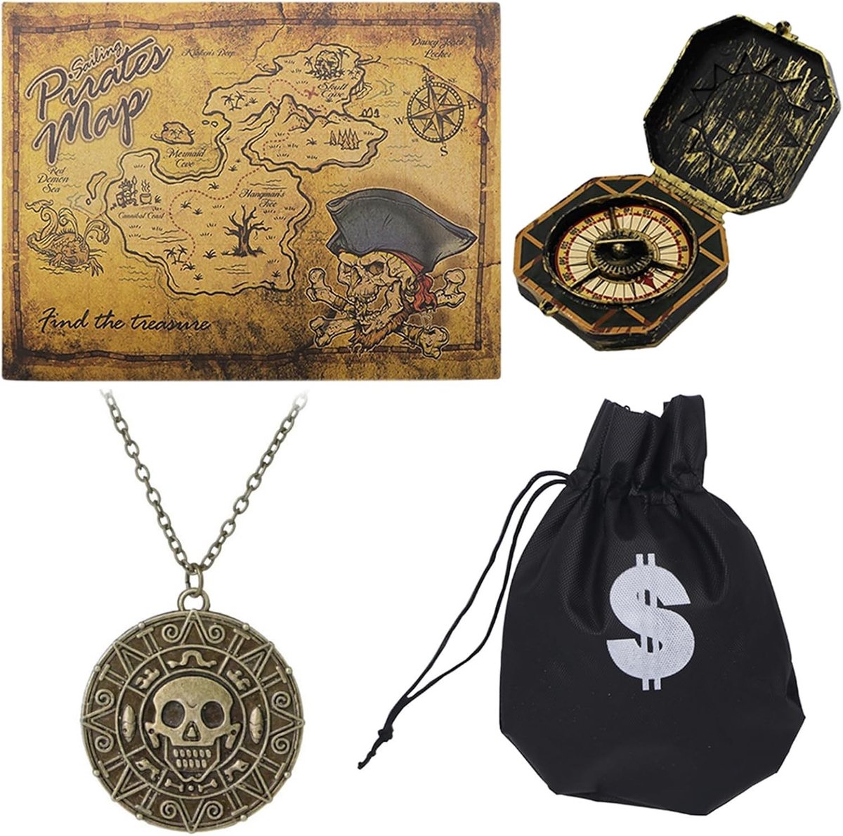 Piratenkostuum voor mannen met kompas, goudmunten tas, kaart en schedel voor Halloween, carnaval en themafeesten